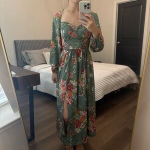 BOG Collective Long Floral Green Bustier Top Long Sleeve Dress with Slit Size XS